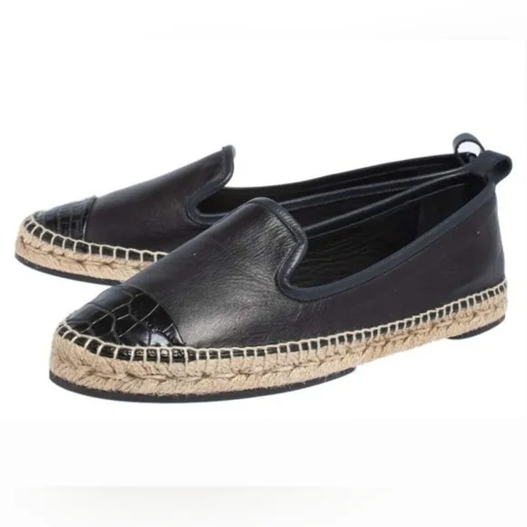 Fendi Leather Black Croc Embossed Cap Toe Junia Espadrilles Flats Size 37