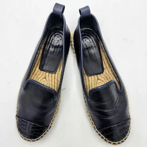 Fendi Leather Black Croc Embossed Cap Toe Junia Espadrilles Flats Size 37
