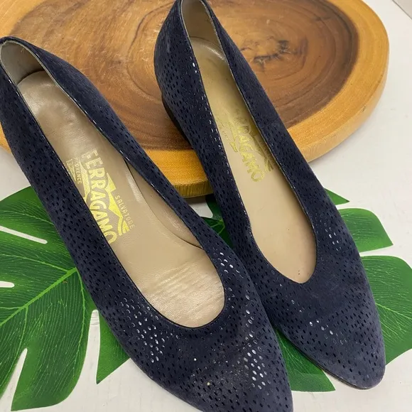 Ferragamo Navy Blue Leather Poibted Toe Flats