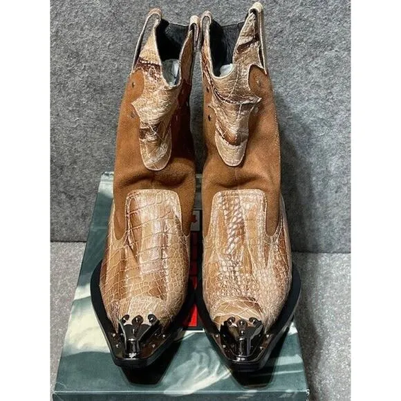 Fiesso by Aurelio Garcia Boots Mens 6 FI6054 Snakeskin Silver Tip Mid Calf Brown