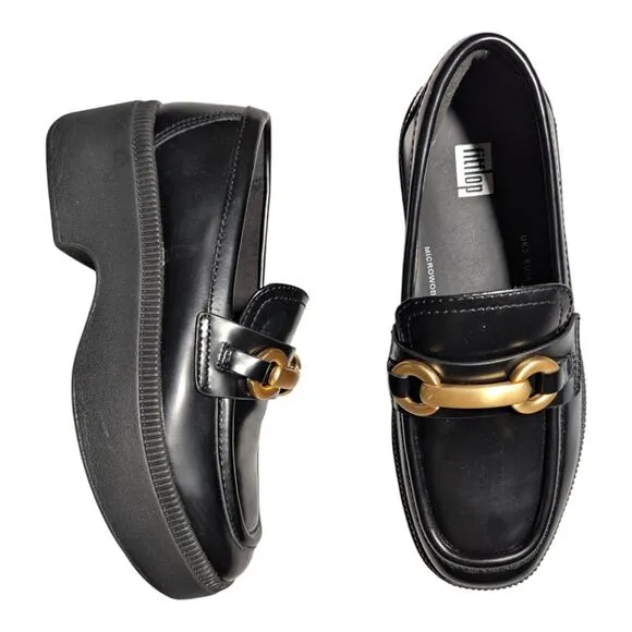 Fitflop F-Luma Black Leather Box Toe Chunky Demi Wedge Horsebit Loafers Sz 5