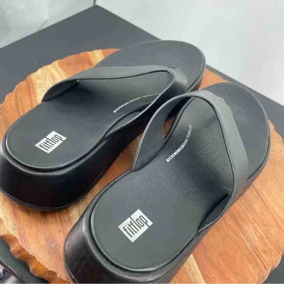 Fitflop Womens F-Mode Black Leather Thong Flatform Sandals Shoes Sz 11