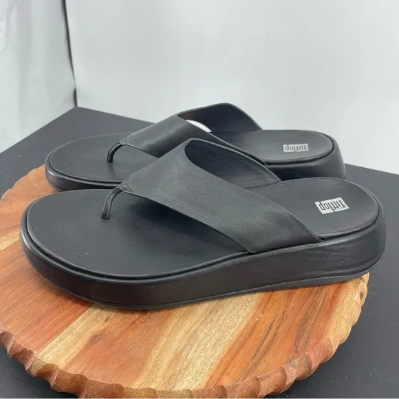 Fitflop Womens F-Mode Black Leather Thong Flatform Sandals Shoes Sz 11