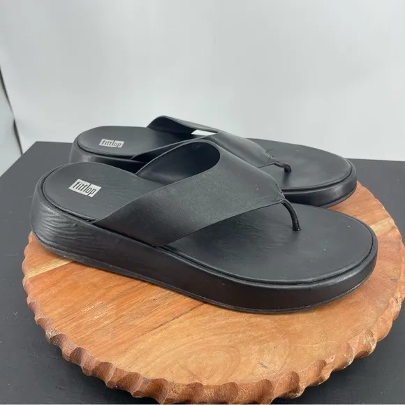 Fitflop Womens F-Mode Black Leather Thong Flatform Sandals Shoes Sz 11