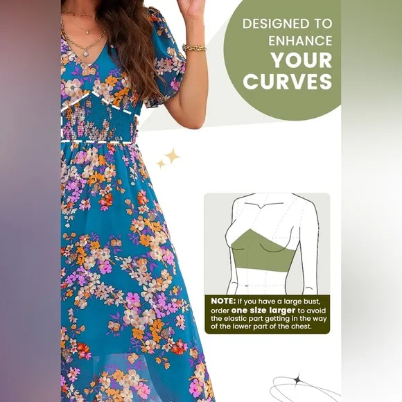 Floral V-Neck Short Sleeve Empire Waist Dress Boho Flowy Smocked Long Dress