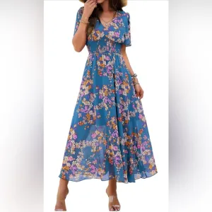 Floral V-Neck Short Sleeve Empire Waist Dress Boho Flowy Smocked Long Dress