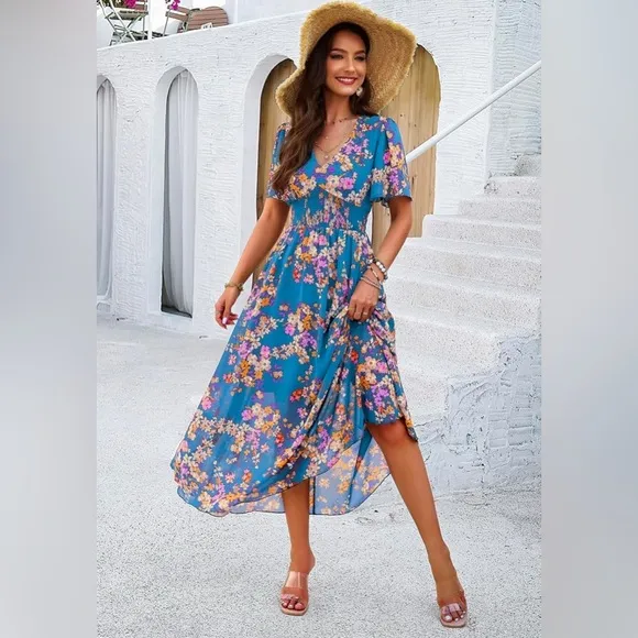 Floral V-Neck Short Sleeve Empire Waist Dress Boho Flowy Smocked Long Dress