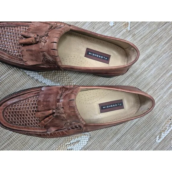 Florsheim Leather Loafers Tassel Brown Woven Slip On Dress Shoes 11.5D