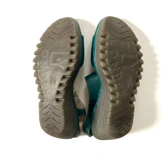 Fly London Teal Genuine Leather Yanca Open Toe Wedge Asymmetrical Sandals