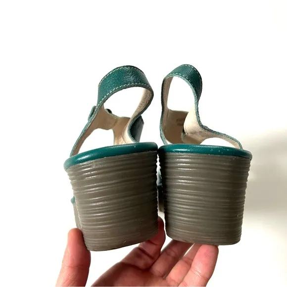 Fly London Teal Genuine Leather Yanca Open Toe Wedge Asymmetrical Sandals