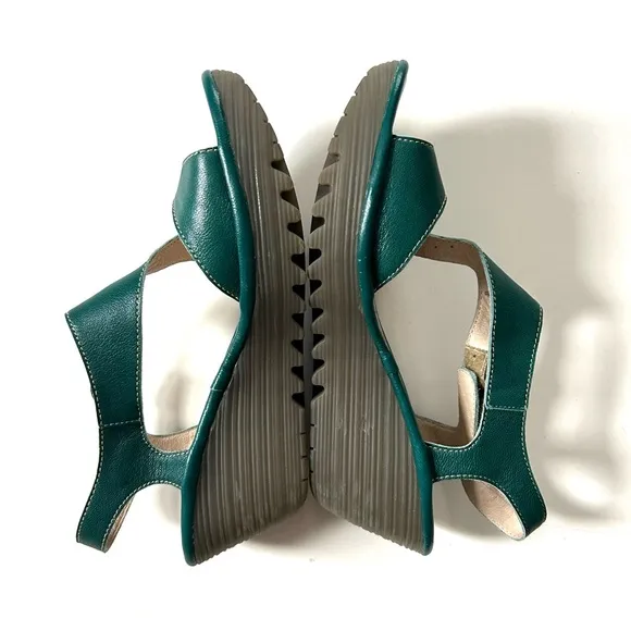 Fly London Teal Genuine Leather Yanca Open Toe Wedge Asymmetrical Sandals