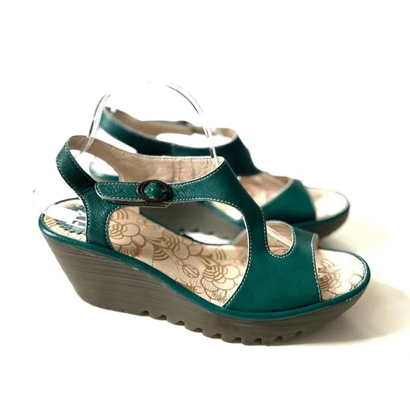 Fly London Teal Genuine Leather Yanca Open Toe Wedge Asymmetrical Sandals