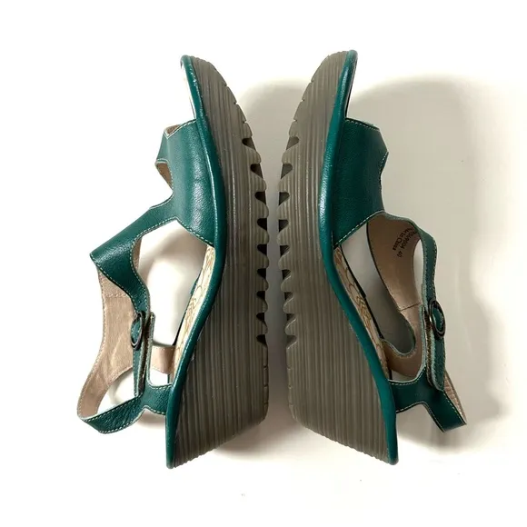 Fly London Teal Genuine Leather Yanca Open Toe Wedge Asymmetrical Sandals