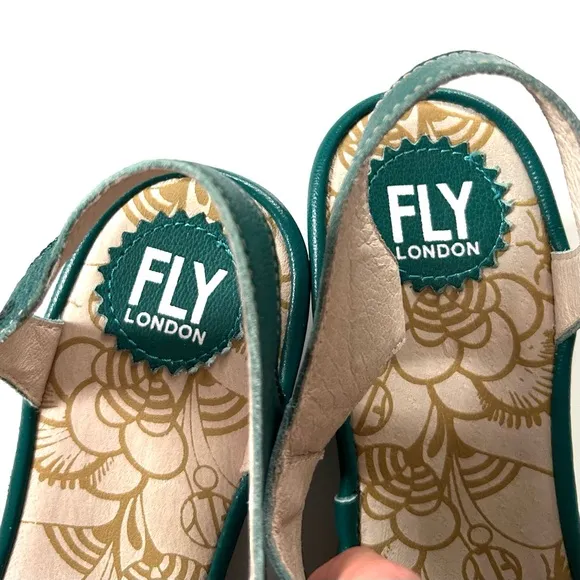 Fly London Teal Genuine Leather Yanca Open Toe Wedge Asymmetrical Sandals