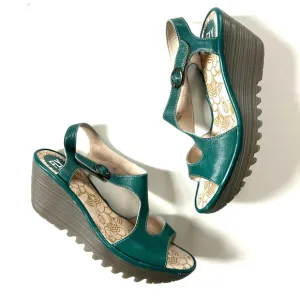 Fly London Teal Genuine Leather Yanca Open Toe Wedge Asymmetrical Sandals