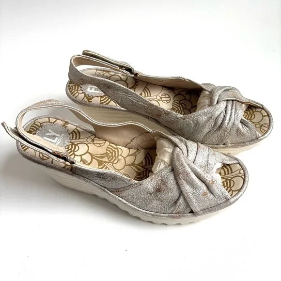 Fly London Yakin Wedge Distressed Leather Sandals Sling Back Cool Pearl Size 39
