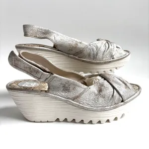 Fly London Yakin Wedge Distressed Leather Sandals Sling Back Cool Pearl Size 39