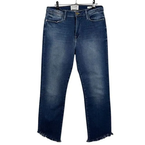 FRAME Le High Straight Jeans Lambeth Lane Wash Cropped Frayed Cuff Size 31
