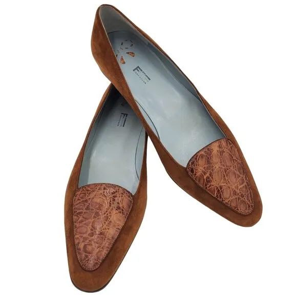 Franco Fieramosca Italy Womens 9 Exotic Brown Crocodile Suede Dress Shoe Loafers