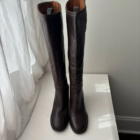 Franco Sarto Women Rivet Brown Leather Wide Calf Retro Tall Boots Size 9.5