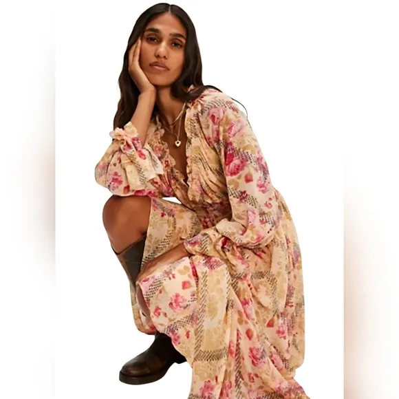 Free People Boho Romantic Floral Flowy Lena Midi Dress NWT Size Small