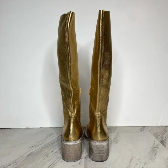 Free People Essential Gold Leather Tall Boot 38 1/2