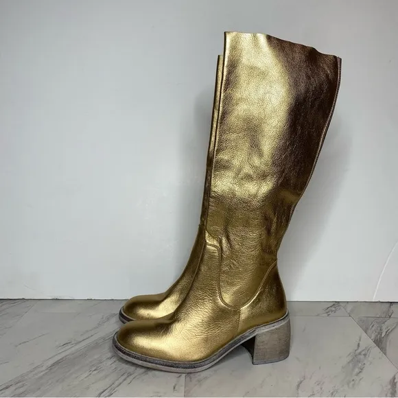 Free People Essential Gold Leather Tall Boot 38 1/2