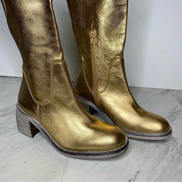 Free People Essential Gold Leather Tall Boot 38 1/2