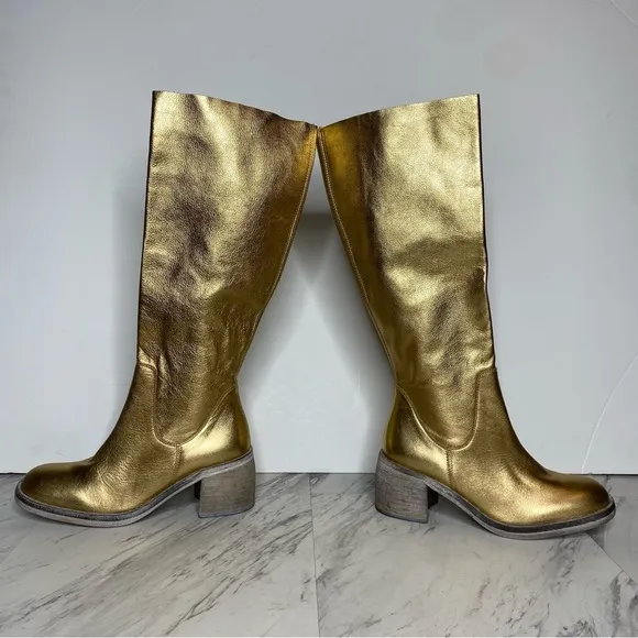 Free People Essential Gold Leather Tall Boot 38 1/2