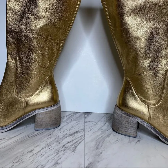 Free People Essential Gold Leather Tall Boot 38 1/2