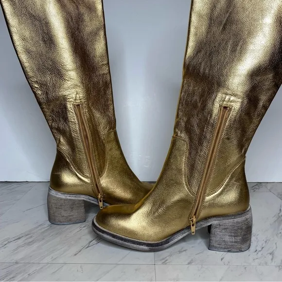 Free People Essential Gold Leather Tall Boot 38 1/2