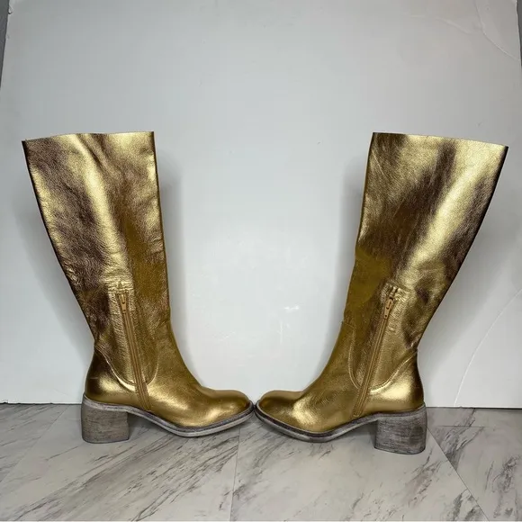 Free People Essential Gold Leather Tall Boot 38 1/2