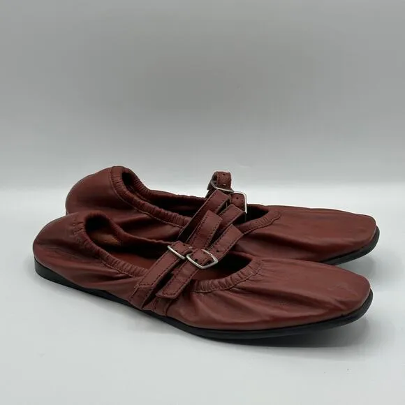 FREE PEOPLE Gemini Leather Mary Jane Strap Ballet Flats Rust Red