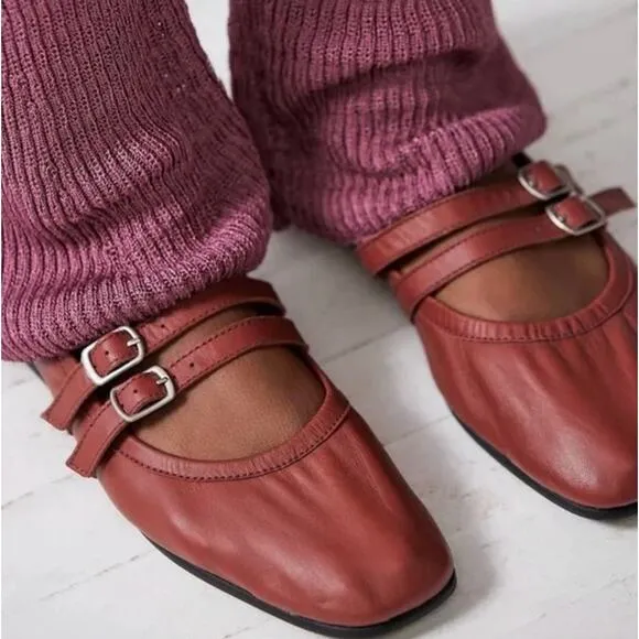 FREE PEOPLE Gemini Leather Mary Jane Strap Ballet Flats Rust Red