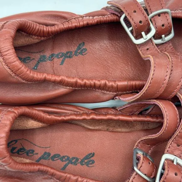 FREE PEOPLE Gemini Leather Mary Jane Strap Ballet Flats Rust Red