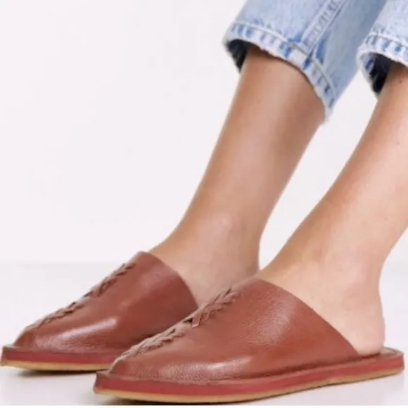 Free People Nova 6 Tan Soft Leather Slip-On Braided Backless Mules Clogs New