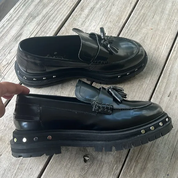 Free People Teagan Black Tassel Loafers | Studded Chunky Sole Platform | Size 11