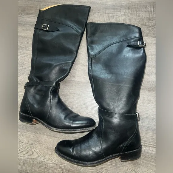 Frye &quot;Melissa&quot; Tall Wide Calf Boots Biker/Riding  Wms Sz 7 Black  Made Spain
