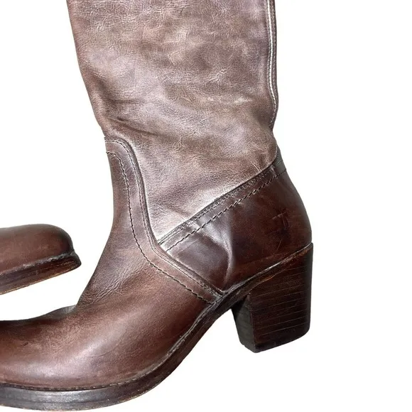 FRYE Jane Tall Cuff Leather Foldover Buckle Brown Stacked Heel Boots, 7 B