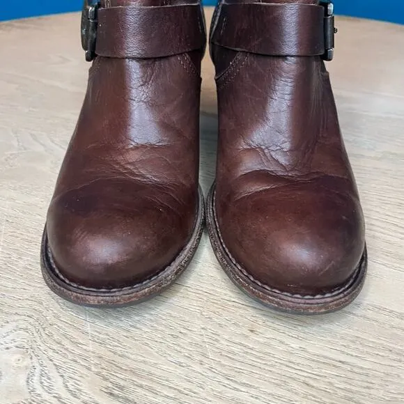 Frye Karla Engineer Boots Stacked Block Heel Leather Buckle Brown Women’s 7.5