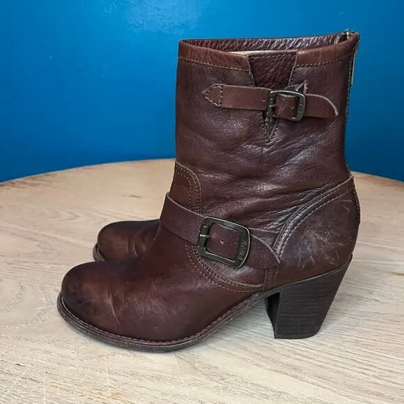 Frye Karla Engineer Boots Stacked Block Heel Leather Buckle Brown Women’s 7.5