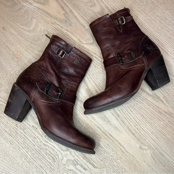 Frye Karla Engineer Boots Stacked Block Heel Leather Buckle Brown Women’s 7.5