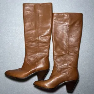 Frye Slouch Boot Lila Size 6 Saddle Brown Stacked Cone Heel Knee Pointed Toe
