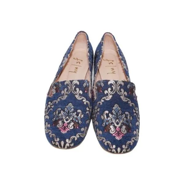FS/NY French Sole Navy Embroidered Loafers, Size 7.5