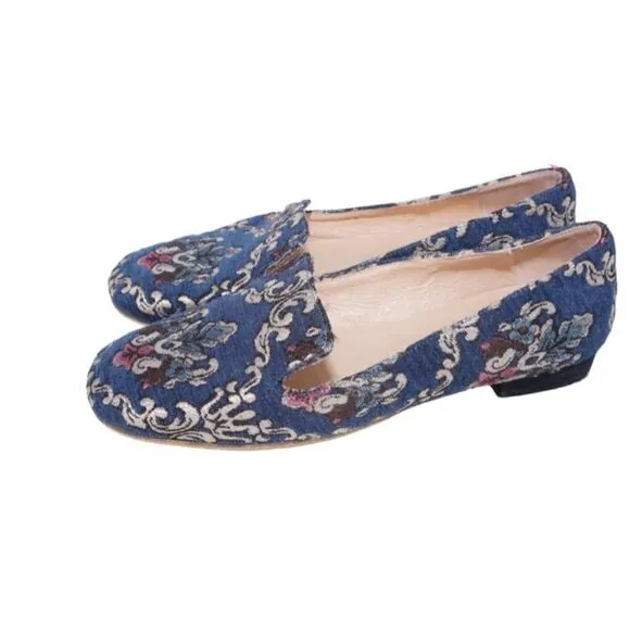 FS/NY French Sole Navy Embroidered Loafers, Size 7.5