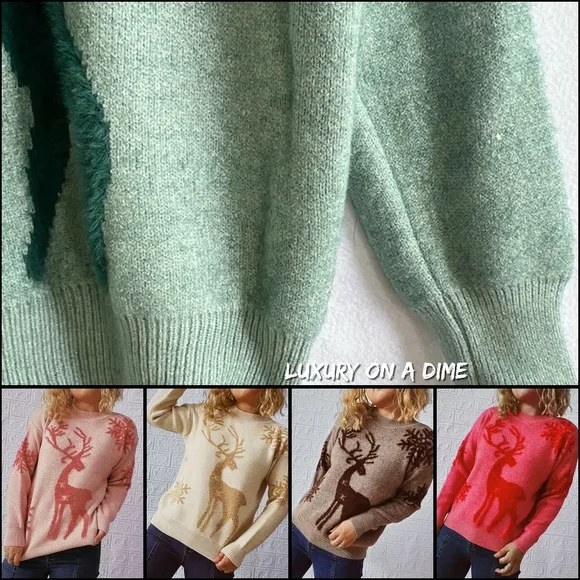 Fuzzy Knit Sweater Reindeer Snowflake Round Neck Winter Soft Print Minimalist