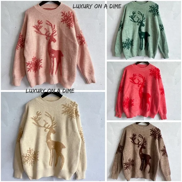 Fuzzy Knit Sweater Reindeer Snowflake Round Neck Winter Soft Print Minimalist
