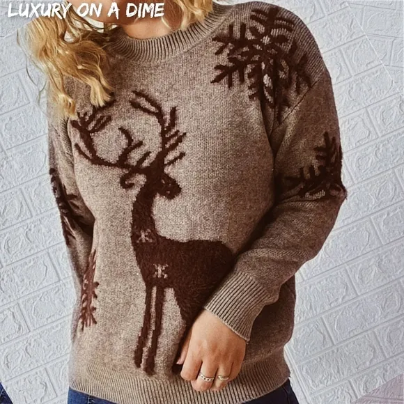 Fuzzy Knit Sweater Reindeer Snowflake Round Neck Winter Soft Print Minimalist