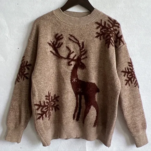 Fuzzy Knit Sweater Reindeer Snowflake Round Neck Winter Soft Print Minimalist