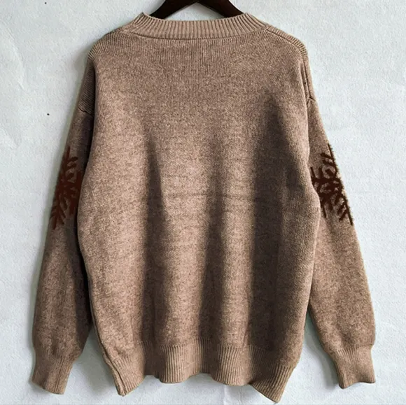 Fuzzy Knit Sweater Reindeer Snowflake Round Neck Winter Soft Print Minimalist
